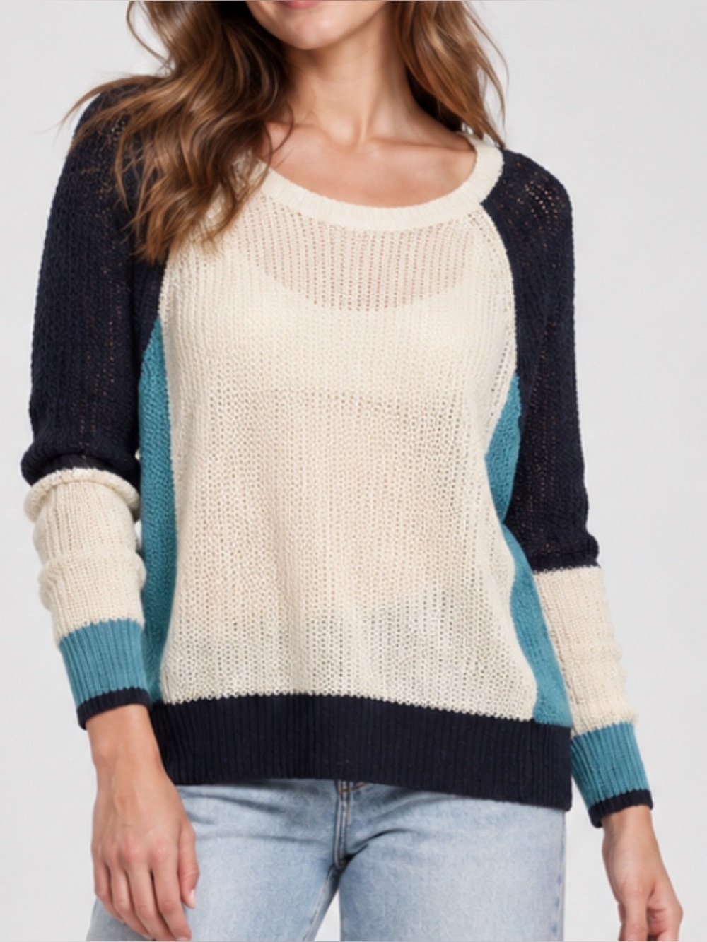 360 Sweater Colorblock Linen Blend Open-Knit Pullover in Cream, Navy Teal Blue